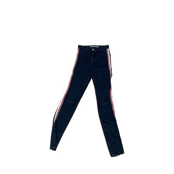 Zara Trafaluc dark skinny jeans red and white striped distressed denim size 4 - Picture 1 of 5